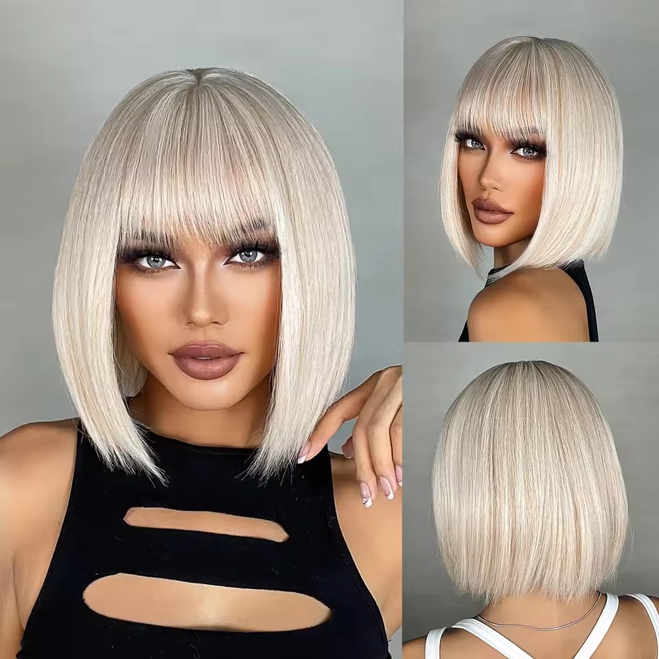 2025 Synthetic Fiber Short Bob Wigs for Women Dark Brown Straight Wig with Bangs Daily Party Hair Heat Resistant