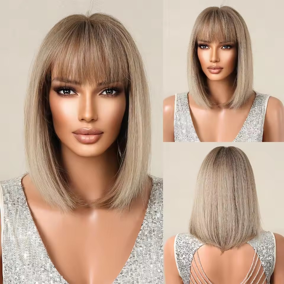 2025 Synthetic Fiber Short Bob Wigs for Women Dark Brown Straight Wig with Bangs Daily Party Hair Heat Resistant