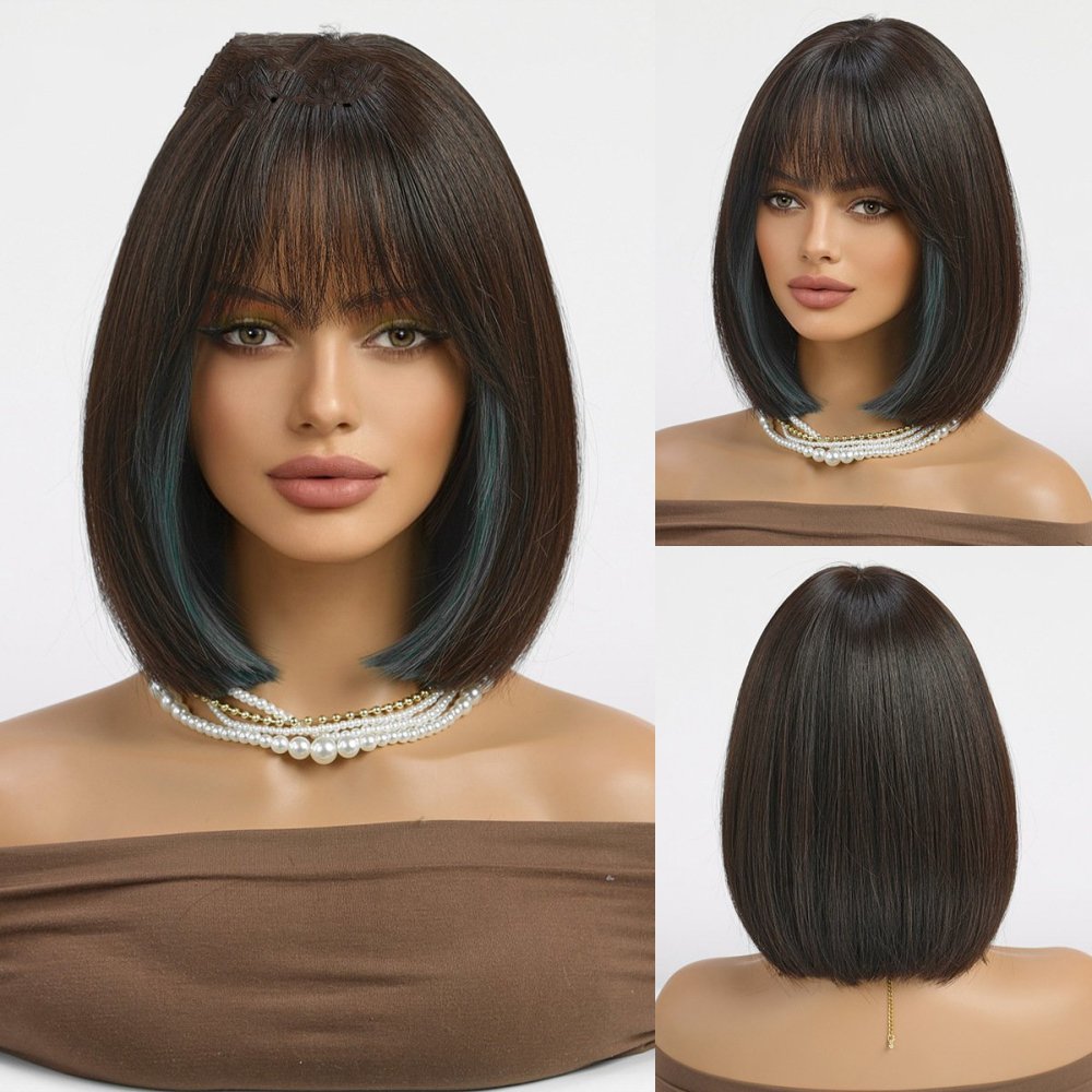 2025 Synthetic Fiber Short Bob Wigs for Women Dark Brown Straight Wig with Bangs Daily Party Hair Heat Resistant