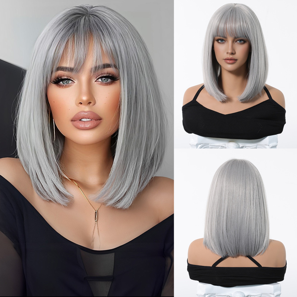 2025 Synthetic Fiber Short Bob Wigs for Women Dark Brown Straight Wig with Bangs Daily Party Hair Heat Resistant