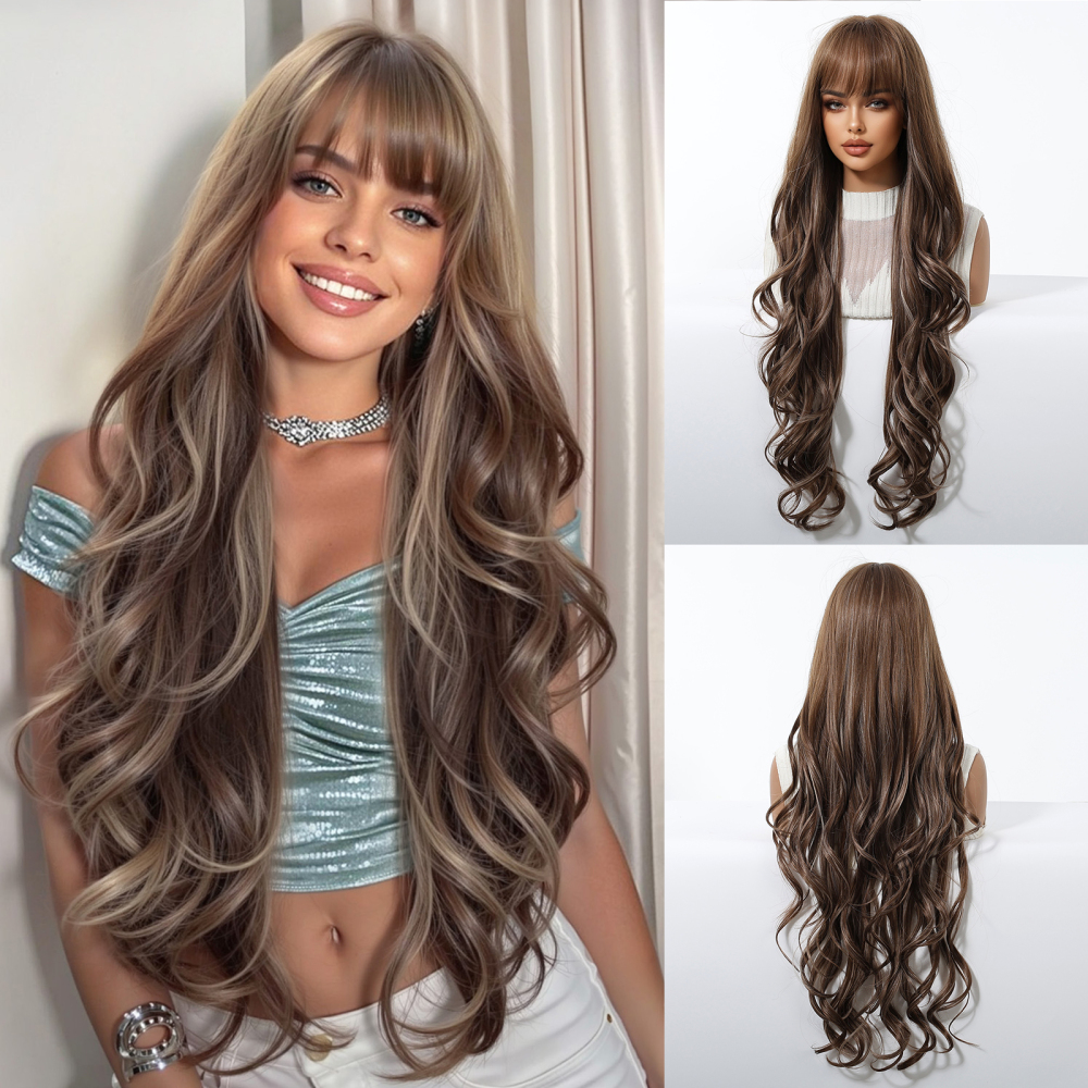 2025 New Long Wavy Synthetic Wigs for Women Blonde to Brown Ombre Wavy Layered Hair Wig With Bangs Daily Wigs