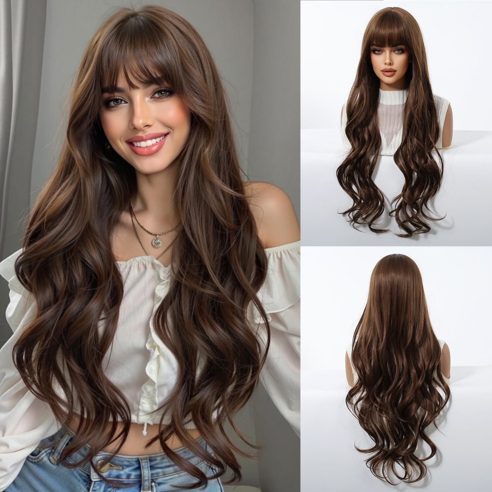 2025 New Long Wavy Synthetic Wigs for Women Blonde to Brown Ombre Wavy Layered Hair Wig With Bangs Daily Wigs