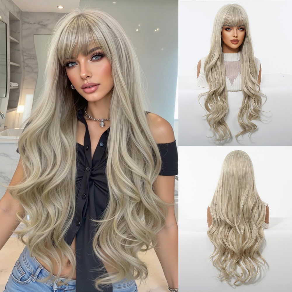 2025 New Long Wavy Synthetic Wigs for Women Blonde to Brown Ombre Wavy Layered Hair Wig With Bangs Daily Wigs