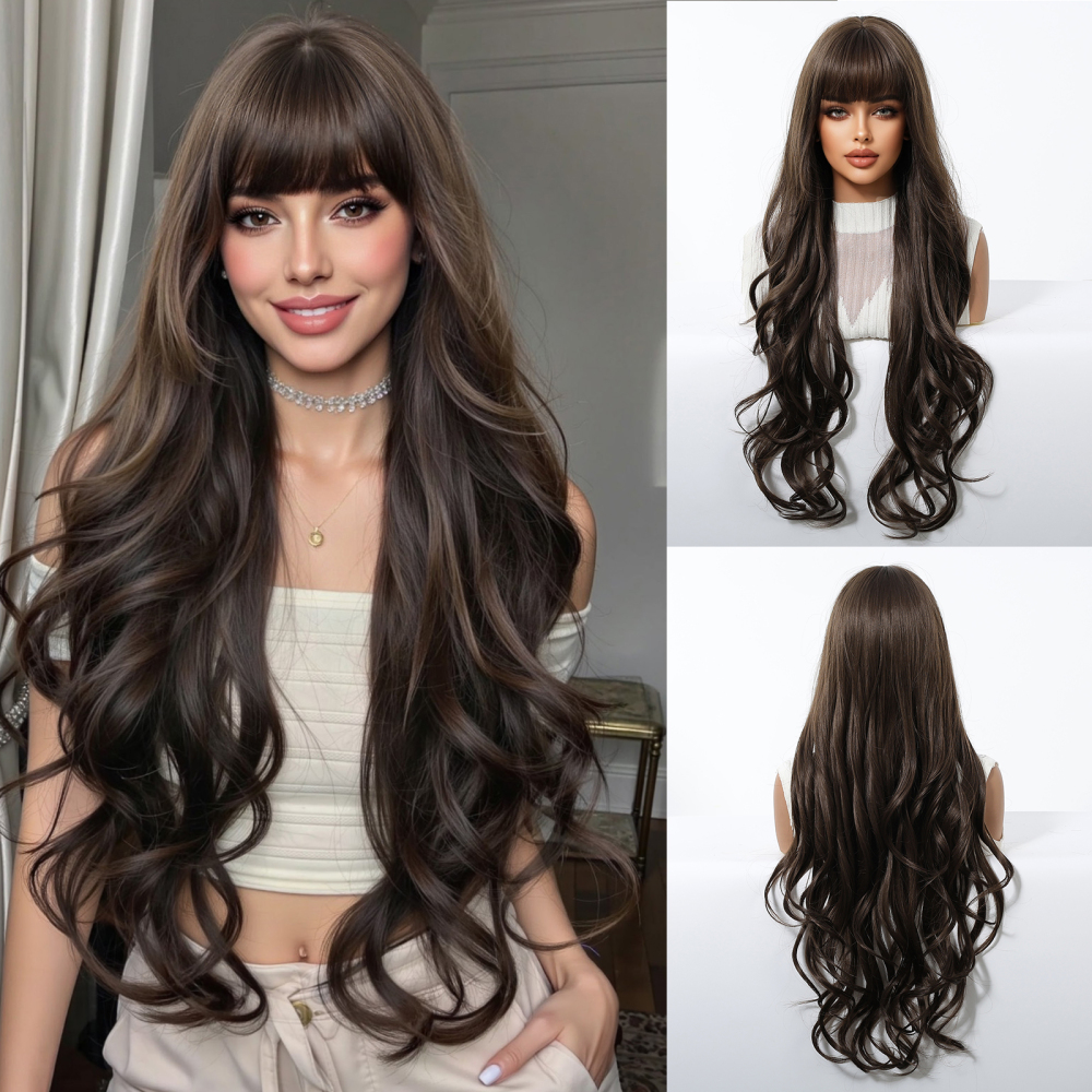 2025 New Long Wavy Synthetic Wigs for Women Blonde to Brown Ombre Wavy Layered Hair Wig With Bangs Daily Wigs