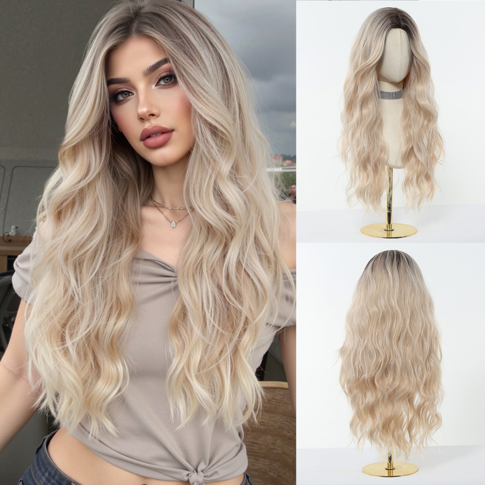 2025 New Long Wavy Synthetic Wigs for Women Blonde to Brown Ombre Wavy Layered Hair Wig With Bangs Daily Wigs