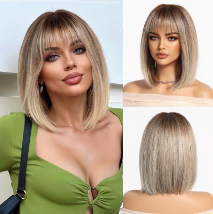 2025 Popular Brown Highlight Bob Wig Mixed Color Synthetic Hair for Women Natural Short Straight Wigs with Bangs High Temperature