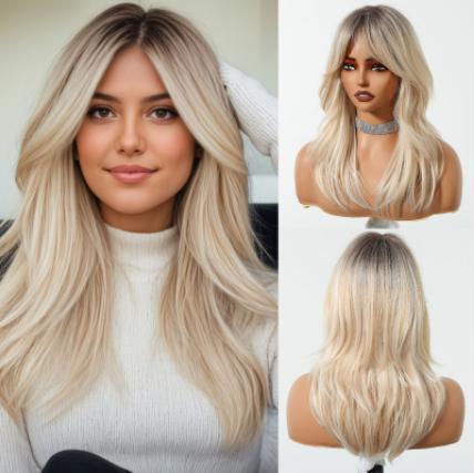 2025 New Long Wavy Synthetic Wigs for Women Blonde to Brown Ombre Wavy Layered Hair Wig With Bangs Daily Wigs