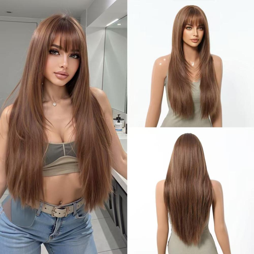 2025 New Long Straight Synthetic Wigs for Women  Ash Brown Natural Hair Wigs With Bangs Daily Use Cosplay Heat Resistant Wigs