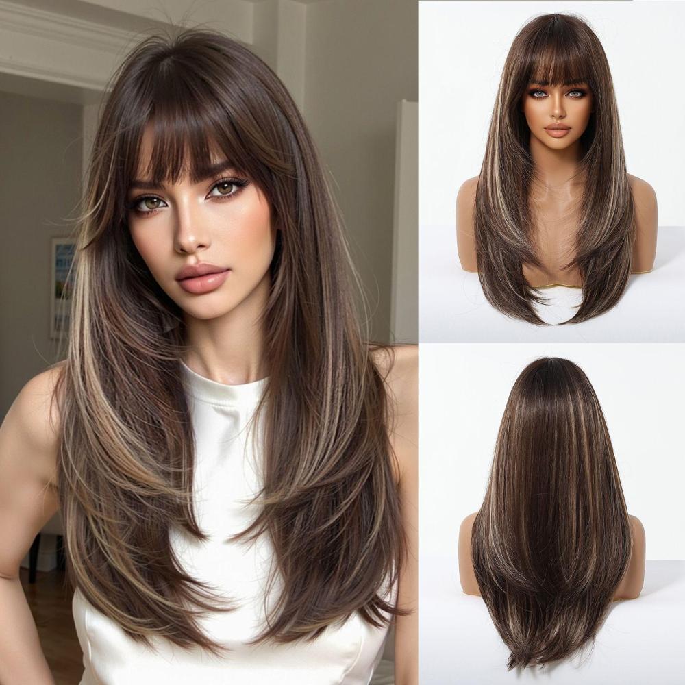 2025 New Long Straight Synthetic Wigs for Women  Ash Brown Natural Hair Wigs With Bangs Daily Use Cosplay Heat Resistant Wigs