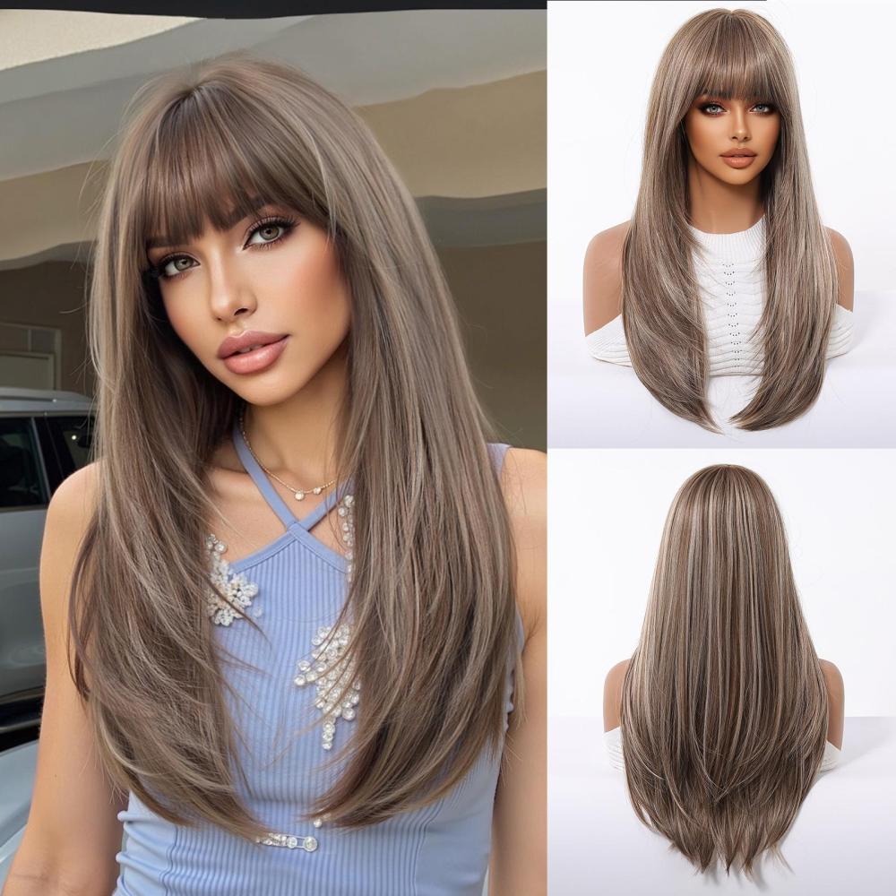 2025 New Long Straight Synthetic Wigs for Women  Ash Brown Natural Hair Wigs With Bangs Daily Use Cosplay Heat Resistant Wigs