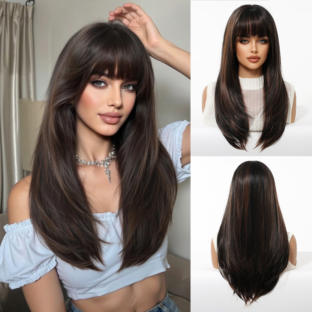 2025 New Long Straight Synthetic Wigs for Women  Ash Brown Natural Hair Wigs With Bangs Daily Use Cosplay Heat Resistant Wigs