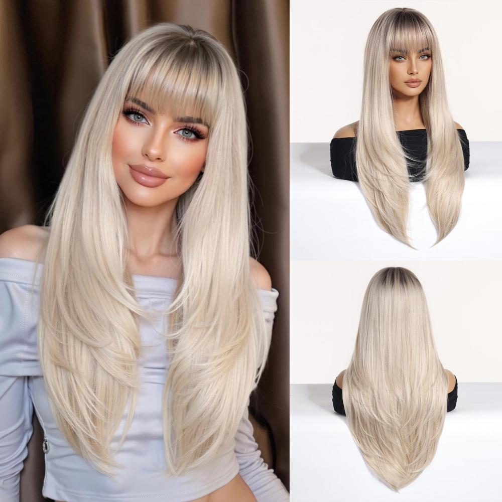 2025 New Long Straight Synthetic Wigs for Women  Ash Brown Natural Hair Wigs With Bangs Daily Use Cosplay Heat Resistant Wigs