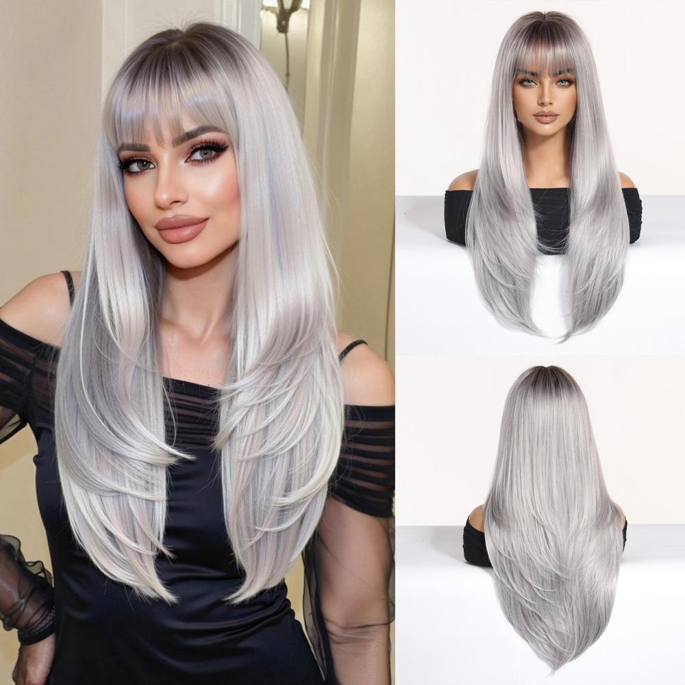 Long  Brown Straight Synthetic Wigs for Women  Ash Brown Natural Hair Wigs With Bangs Daily Use Cosplay Heat Resistant Wigs