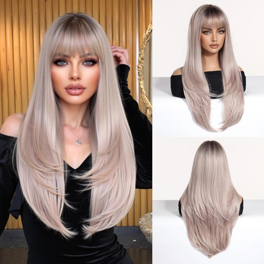 Long  Brown Straight Synthetic Wigs for Women  Ash Brown Natural Hair Wigs With Bangs Daily Use Cosplay Heat Resistant Wigs