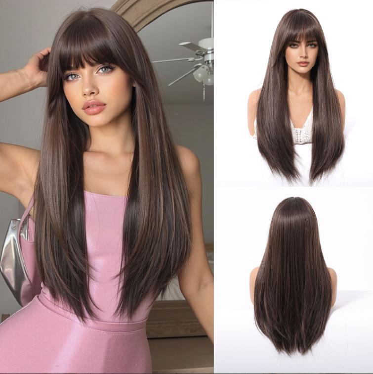 Long  Brown Straight Synthetic Wigs for Women  Ash Brown Natural Hair Wigs With Bangs Daily Use Cosplay Heat Resistant Wigs