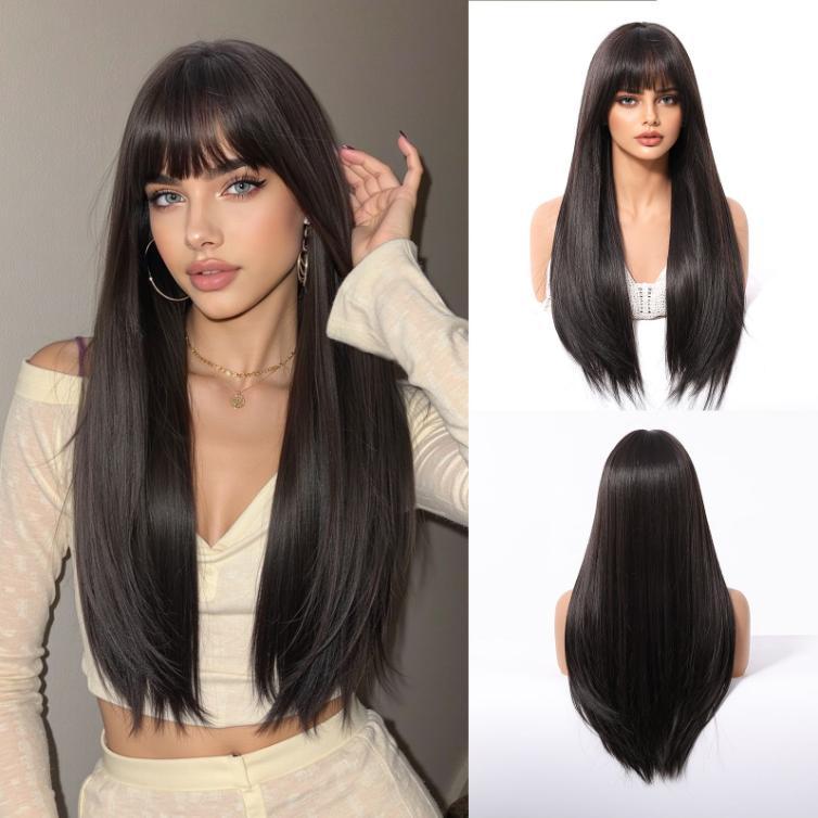 Long  Brown Straight Synthetic Wigs for Women  Ash Brown Natural Hair Wigs With Bangs Daily Use Cosplay Heat Resistant Wigs