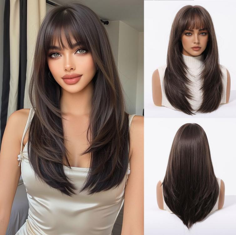 2025 New Long Straight Synthetic Wigs for Women  Ash Brown Natural Hair Wigs With Bangs Daily Use Cosplay Heat Resistant Wigs