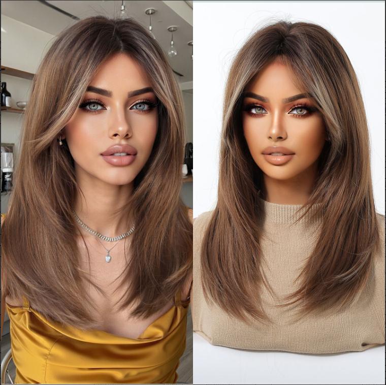 Long  Brown Straight Synthetic Wigs for Women  Ash Brown Natural Hair Wigs With Bangs Daily Use Cosplay Heat Resistant Wigs