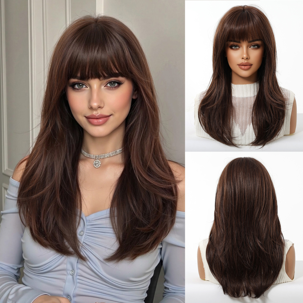 2025 New Long Straight Synthetic Wigs for Women  Ash Brown Natural Hair Wigs With Bangs Daily Use Cosplay Heat Resistant Wigs