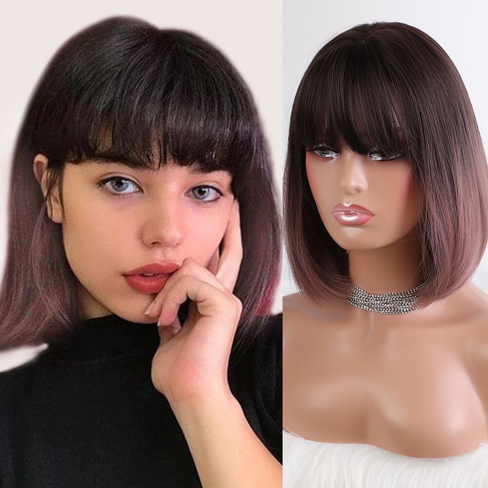 2025 Synthetic Fiber Short Bob Wigs for Women Dark Brown Straight Wig with Bangs Daily Party Hair Heat Resistant