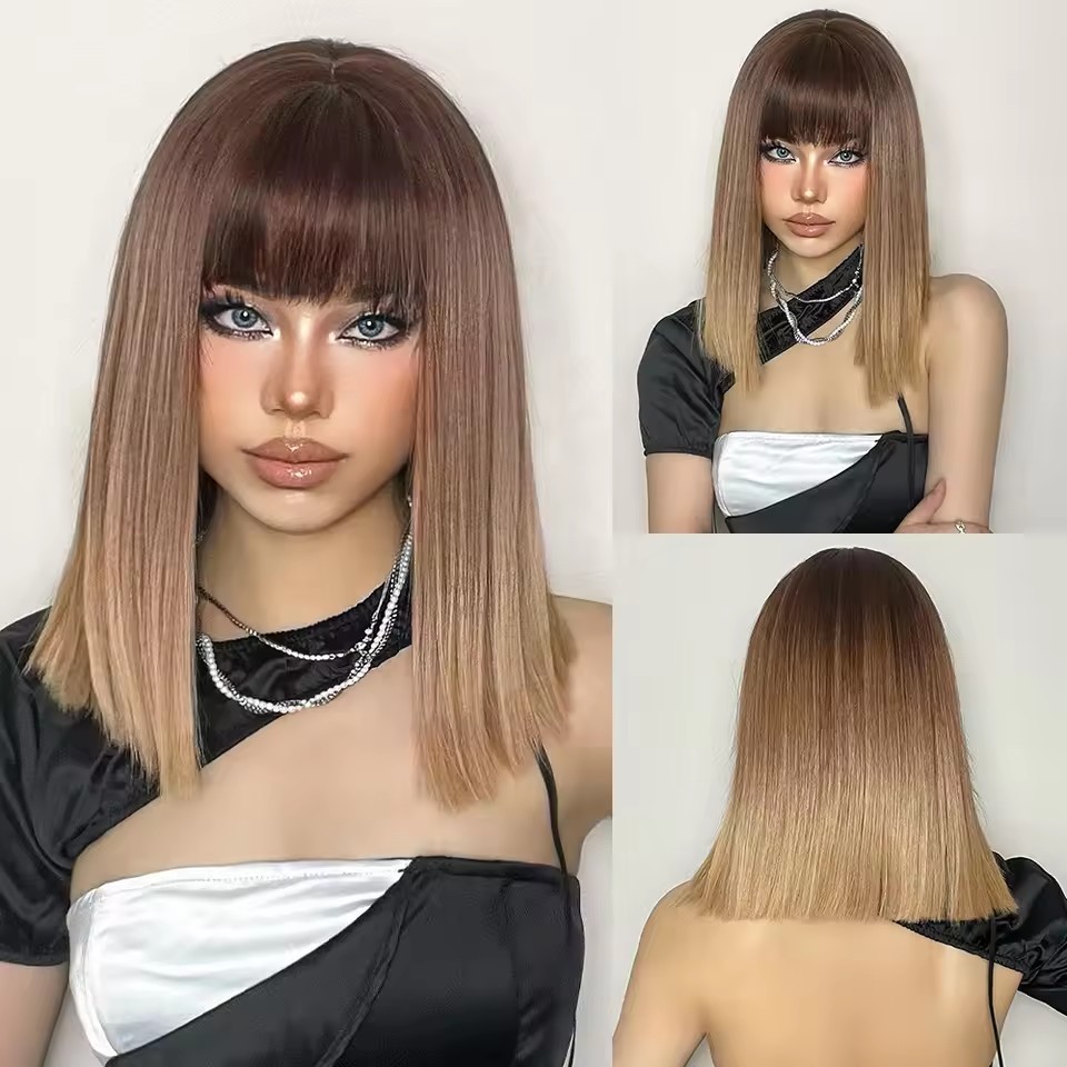 2025 Synthetic Fiber Short Bob Wigs for Women Dark Brown Straight Wig with Bangs Daily Party Hair Heat Resistant