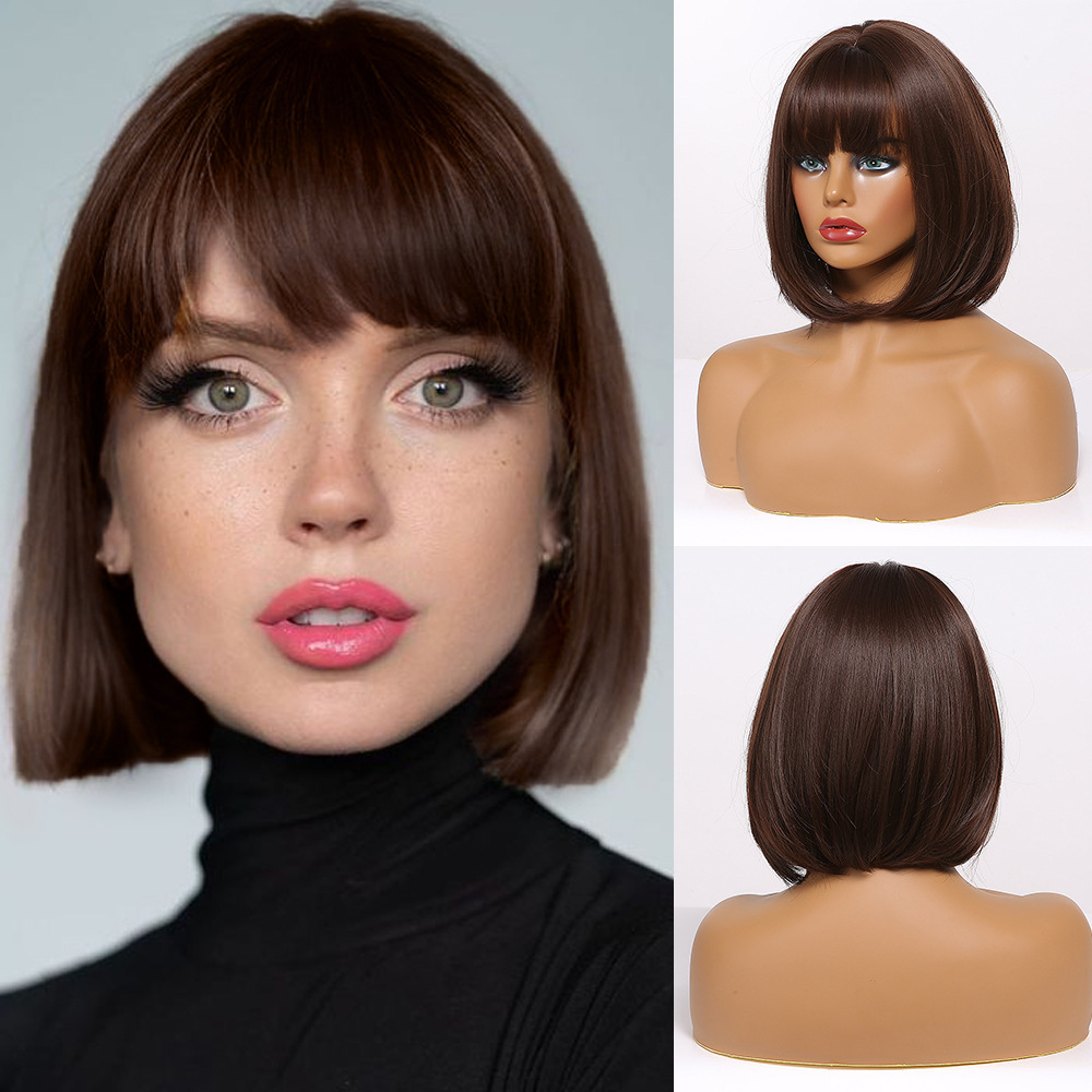 2025 Synthetic Fiber Short Bob Wigs for Women Dark Brown Straight Wig with Bangs Daily Party Hair Heat Resistant