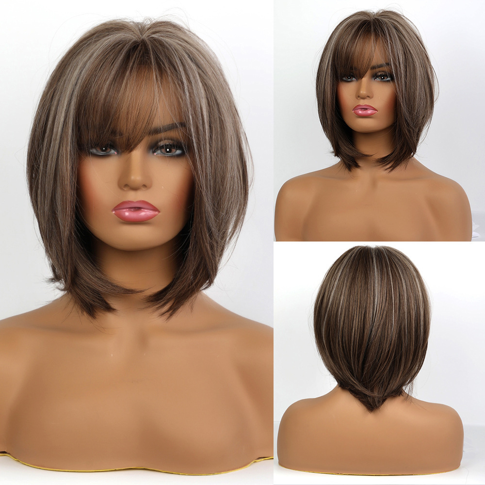 2025 Synthetic Fiber Short Bob Wigs for Women Dark Brown Straight Wig with Bangs Daily Party Hair Heat Resistant