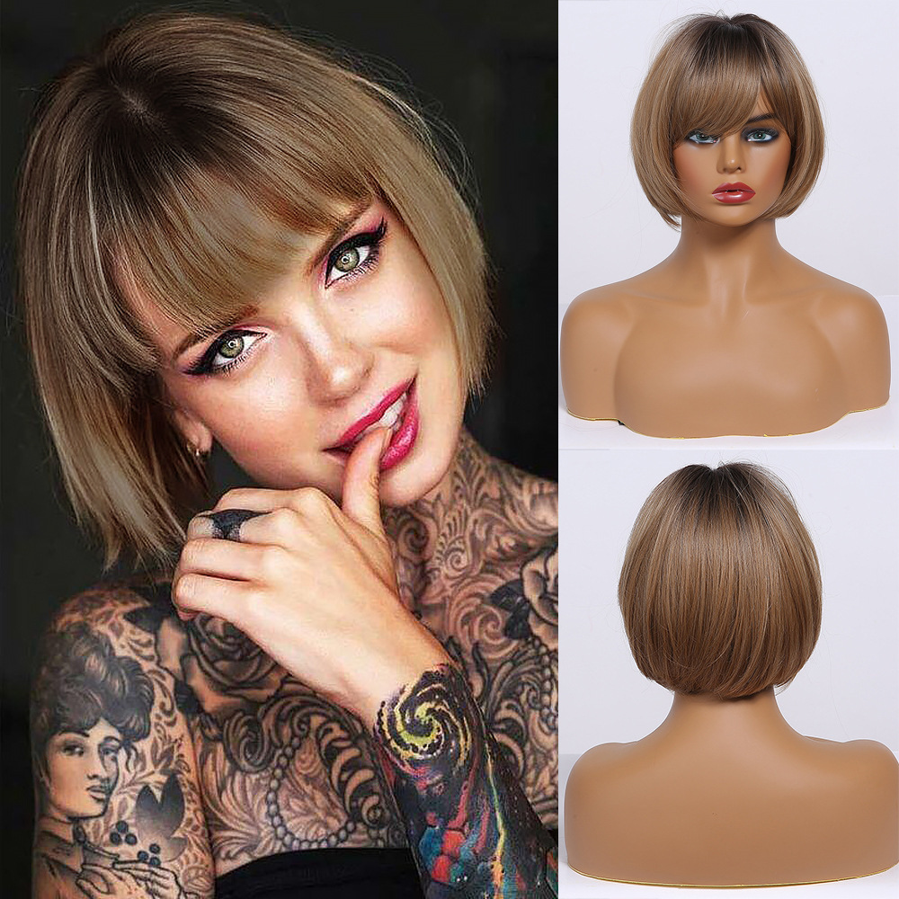 2025 Synthetic Fiber Short Bob Wigs for Women Dark Brown Straight Wig with Bangs Daily Party Hair Heat Resistant