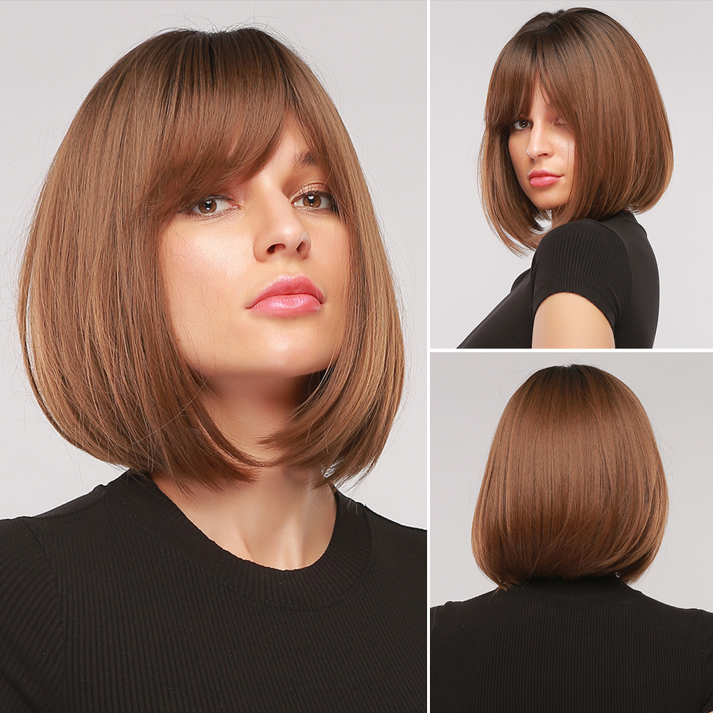 2025 Synthetic Fiber Short Bob Wigs for Women Dark Brown Straight Wig with Bangs Daily Party Hair Heat Resistant