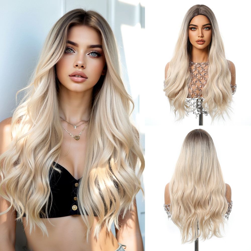 2025 New Long Wavy Synthetic Wigs for Women Blonde to Brown Ombre Wavy Layered Hair Wig With Bangs Daily Wigs