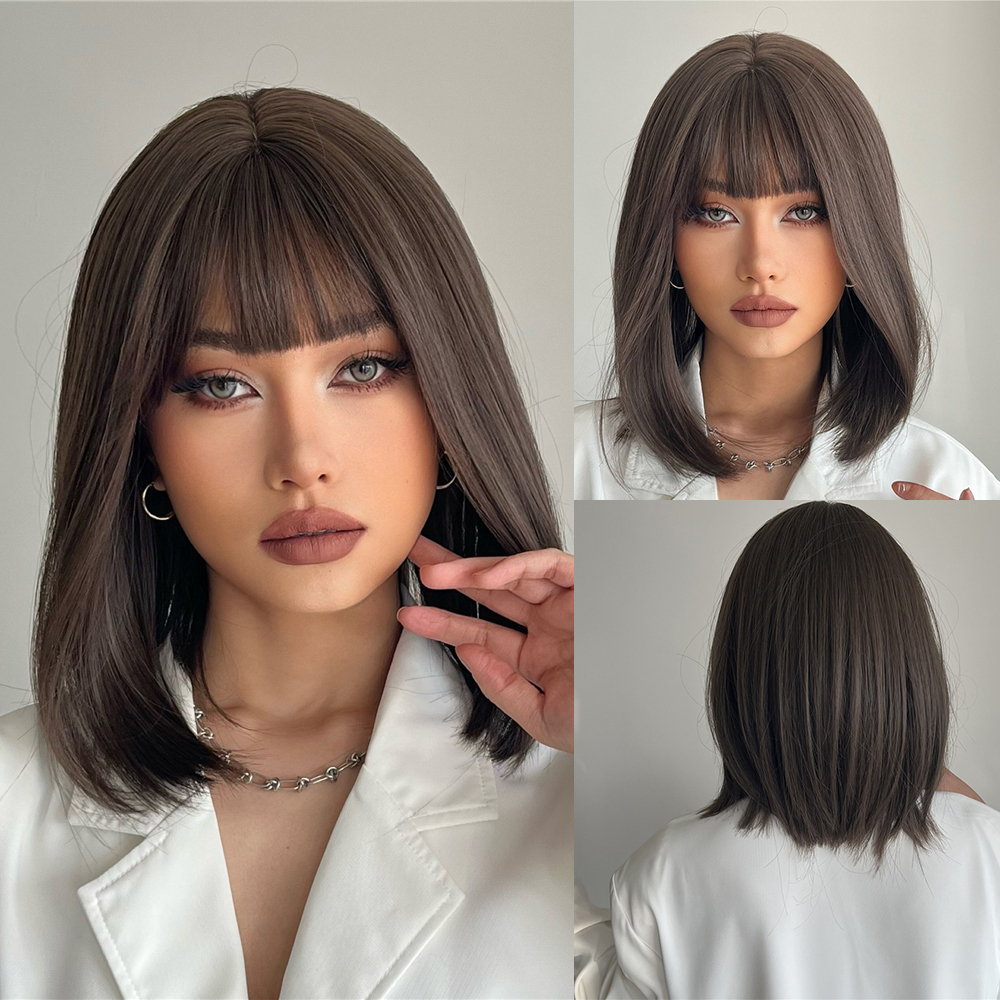 2025 Synthetic Fiber Short Bob Wigs for Women Dark Brown Straight Wig with Bangs Daily Party Hair Heat Resistant