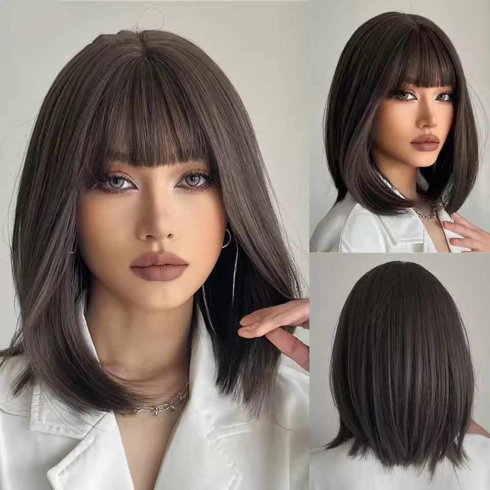 Synthetic Fiber Short Bob Wigs for Women Dark Brown Straight Wig with Bangs Daily Party Hair Heat Resistant