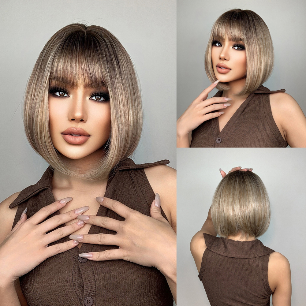 2025 Synthetic Fiber Short Bob Wigs for Women Dark Brown Straight Wig with Bangs Daily Party Hair Heat Resistant