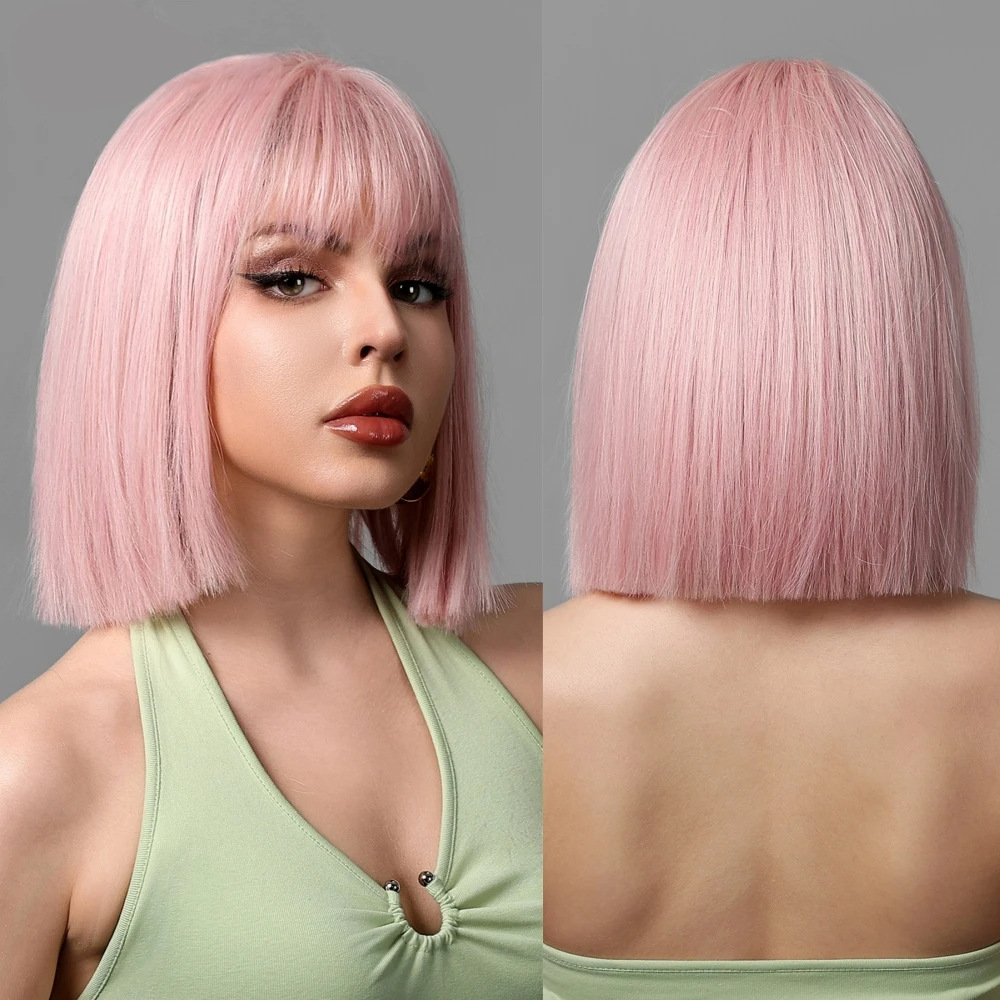 2025 Synthetic Fiber Short Bob Wigs for Women Dark Brown Straight Wig with Bangs Daily Party Hair Heat Resistant