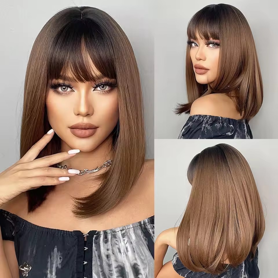 2025 Synthetic Fiber Short Bob Wigs for Women Dark Brown Straight Wig with Bangs Daily Party Hair Heat Resistant