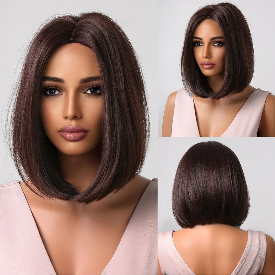 2025 Synthetic Fiber Short Bob Wigs for Women Dark Brown Straight Wig with Bangs Daily Party Hair Heat Resistant