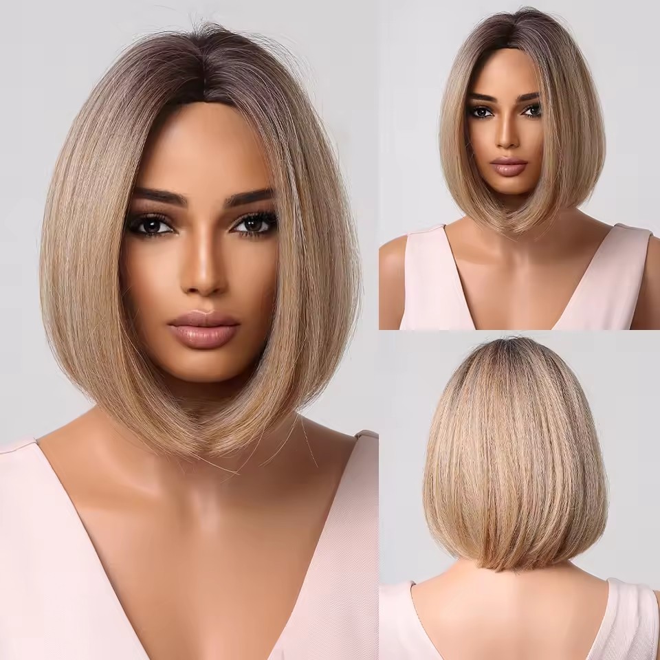 2025 Synthetic Fiber Short Bob Wigs for Women Dark Brown Straight Wig with Bangs Daily Party Hair Heat Resistant