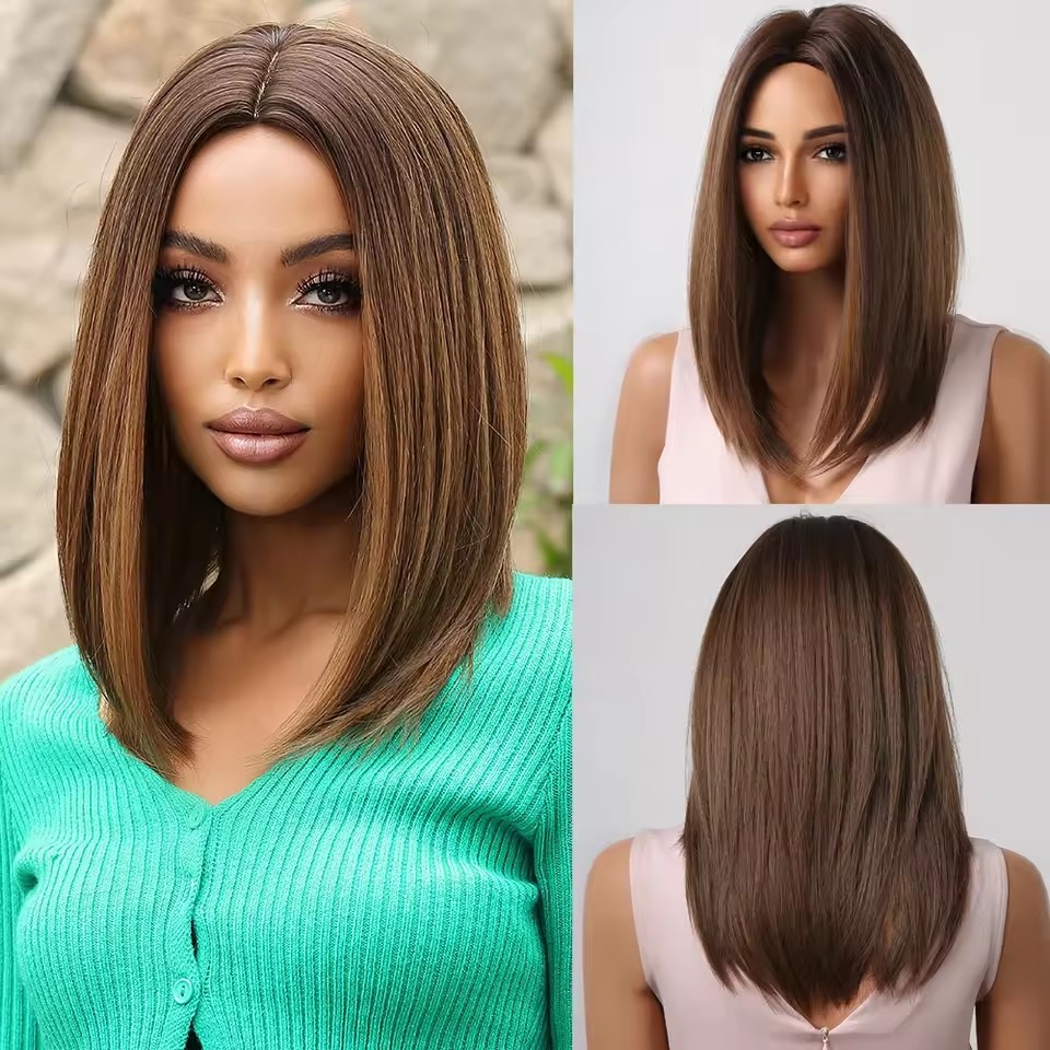 2025 Synthetic Fiber Short Bob Wigs for Women Dark Brown Straight Wig with Bangs Daily Party Hair Heat Resistant