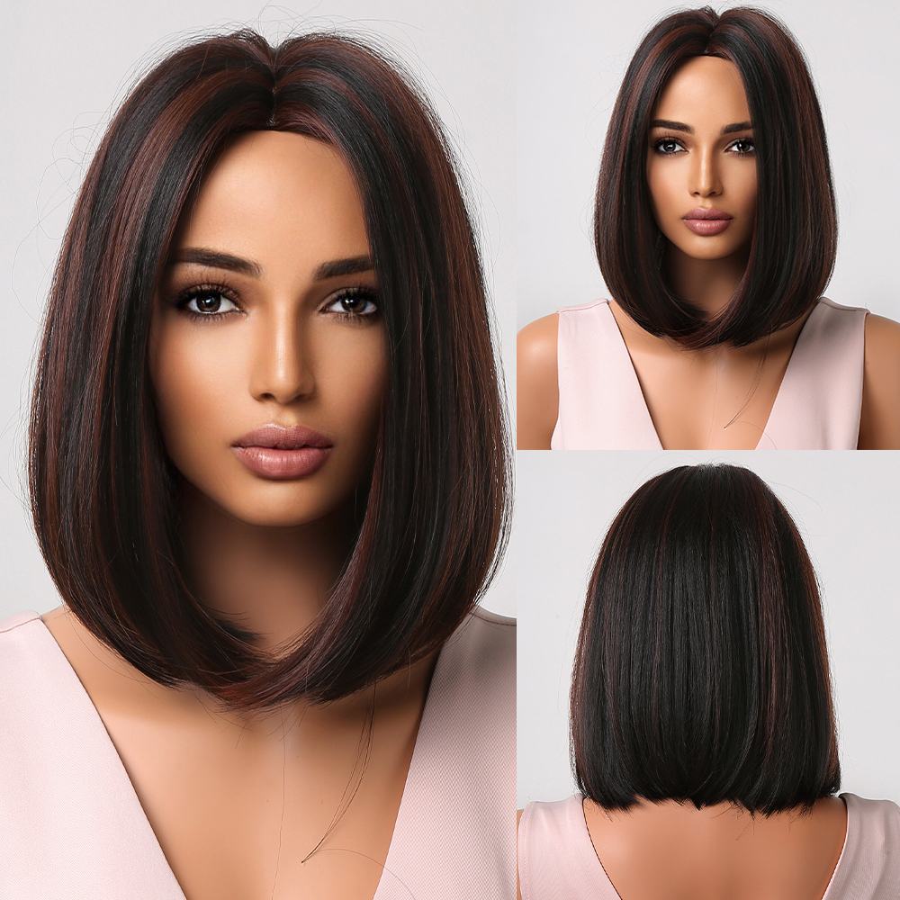 2025 Synthetic Fiber Short Bob Wigs for Women Dark Brown Straight Wig with Bangs Daily Party Hair Heat Resistant