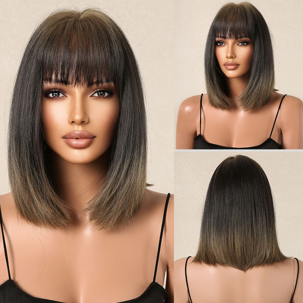 2025 Synthetic Fiber Short Bob Wigs for Women Dark Brown Straight Wig with Bangs Daily Party Hair Heat Resistant