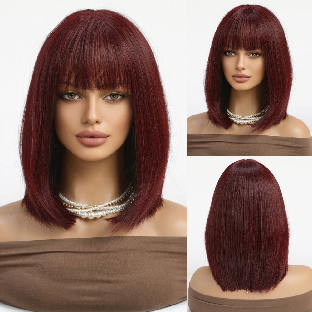 2025 Synthetic Fiber Short Bob Wigs for Women Dark Brown Straight Wig with Bangs Daily Party Hair Heat Resistant