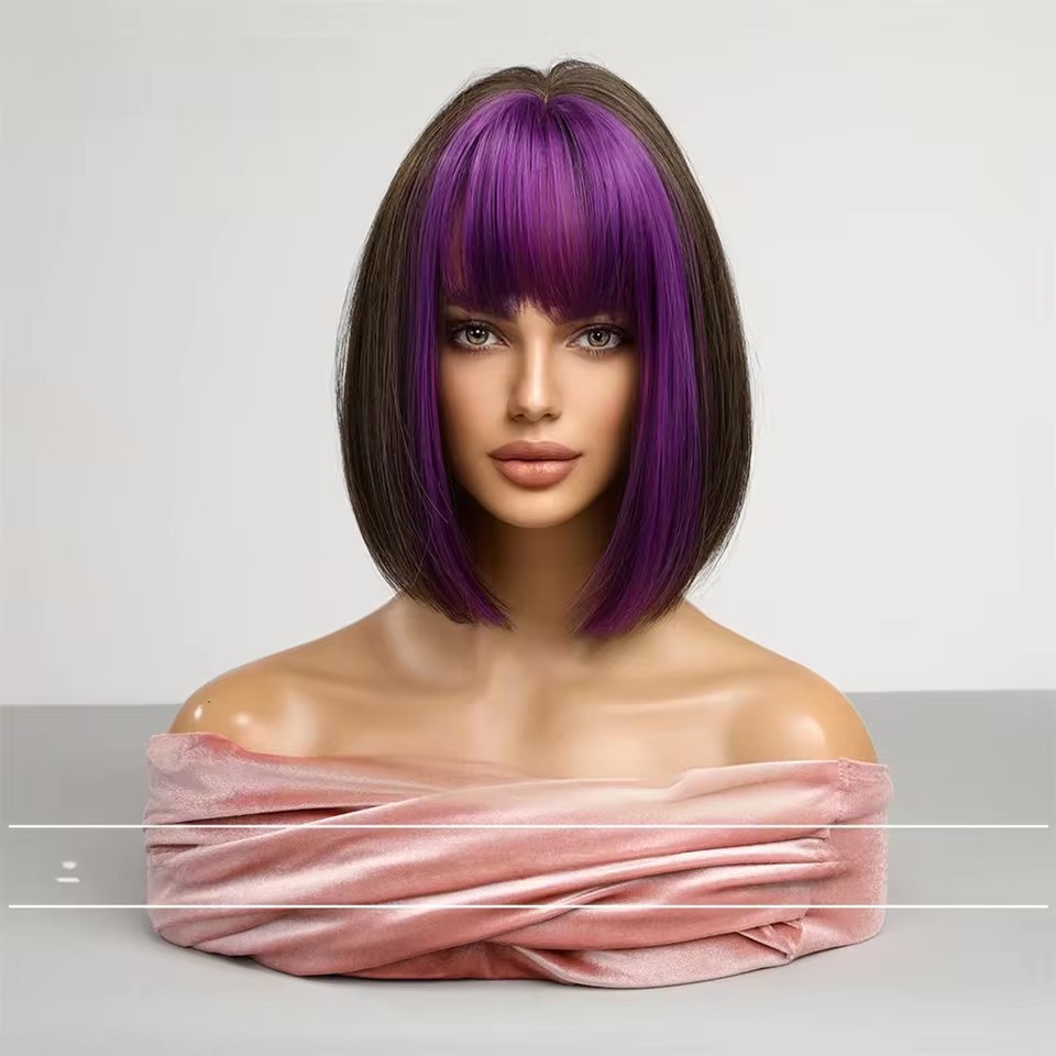2025 Synthetic Fiber Short Bob Wigs for Women Dark Brown Straight Wig with Bangs Daily Party Hair Heat Resistant