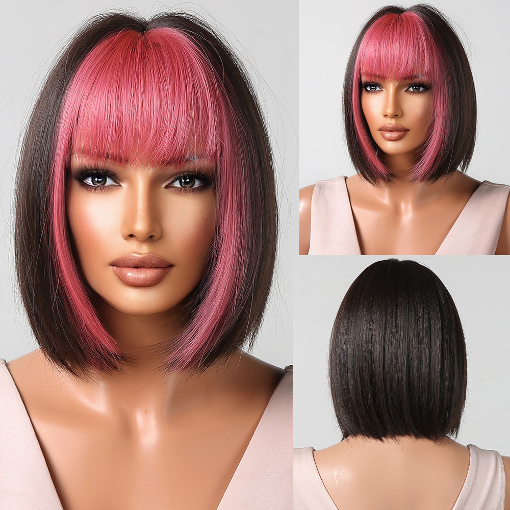 2025 Synthetic Fiber Short Bob Wigs for Women Dark Brown Straight Wig with Bangs Daily Party Hair Heat Resistant