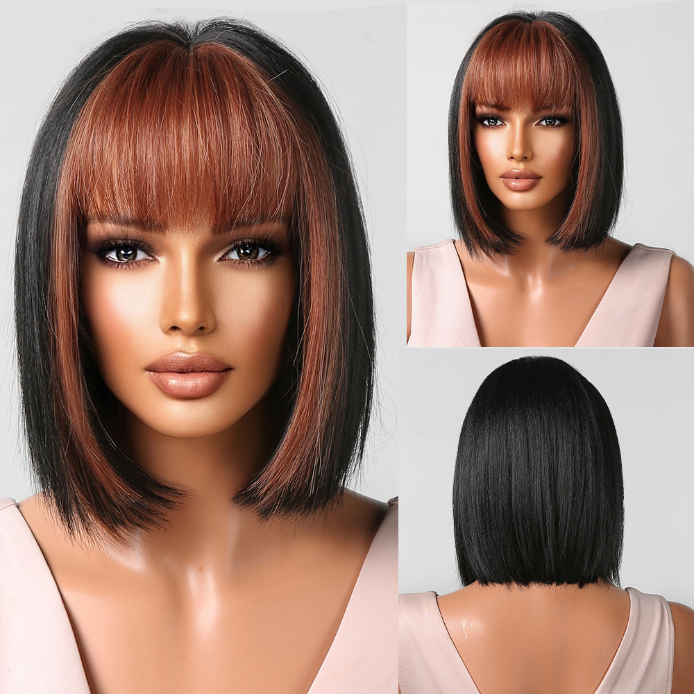 2025 Synthetic Fiber Short Bob Wigs for Women Dark Brown Straight Wig with Bangs Daily Party Hair Heat Resistant