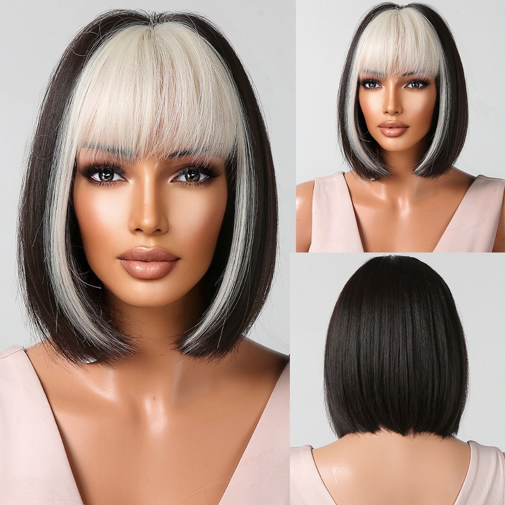 2025 Synthetic Fiber Short Bob Wigs for Women Dark Brown Straight Wig with Bangs Daily Party Hair Heat Resistant