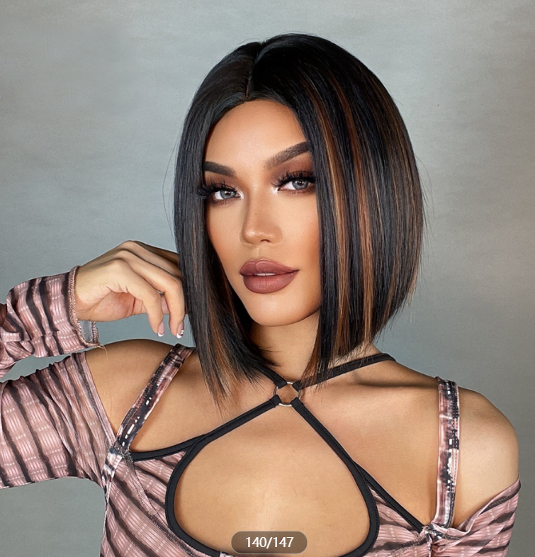 2025 Synthetic Fiber Short Bob Wigs for Women Dark Brown Straight Wig with Bangs Daily Party Hair Heat Resistant