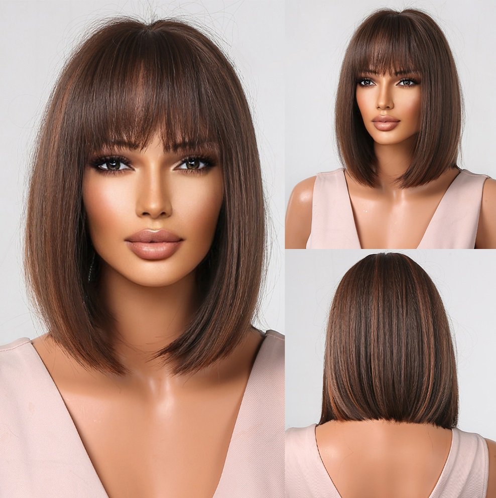 2025 Synthetic Fiber Short Bob Wigs for Women Dark Brown Straight Wig with Bangs Daily Party Hair Heat Resistant