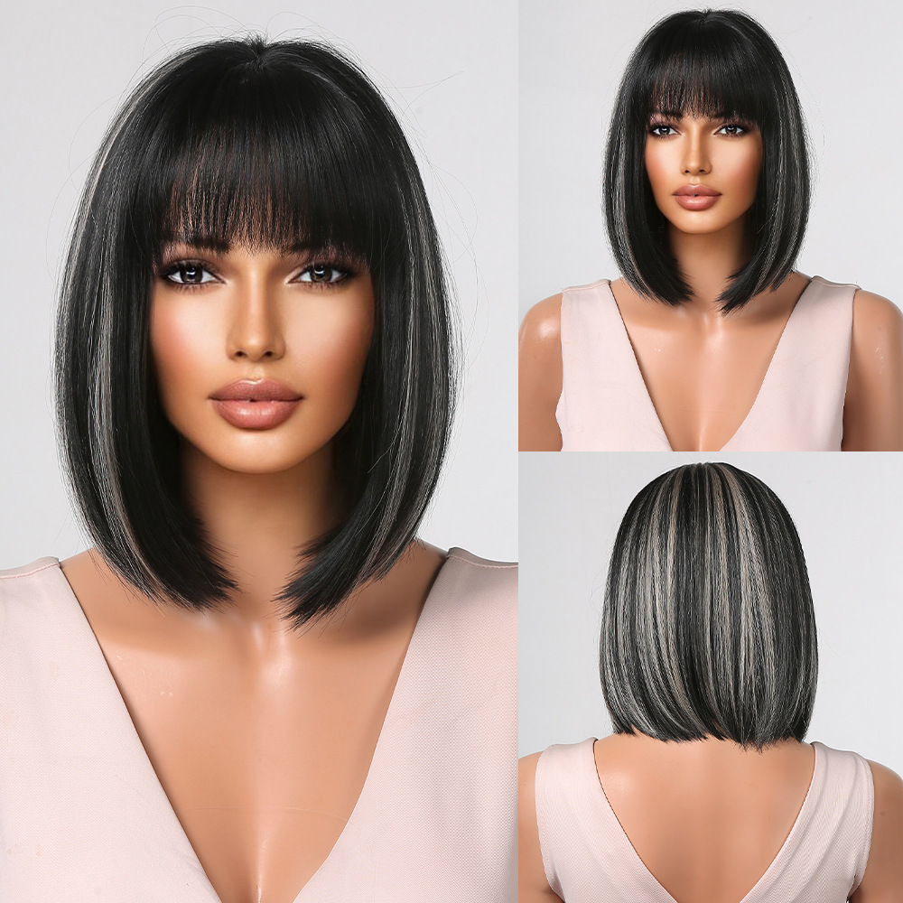 2025 Synthetic Fiber Short Bob Wigs for Women Dark Brown Straight Wig with Bangs Daily Party Hair Heat Resistant