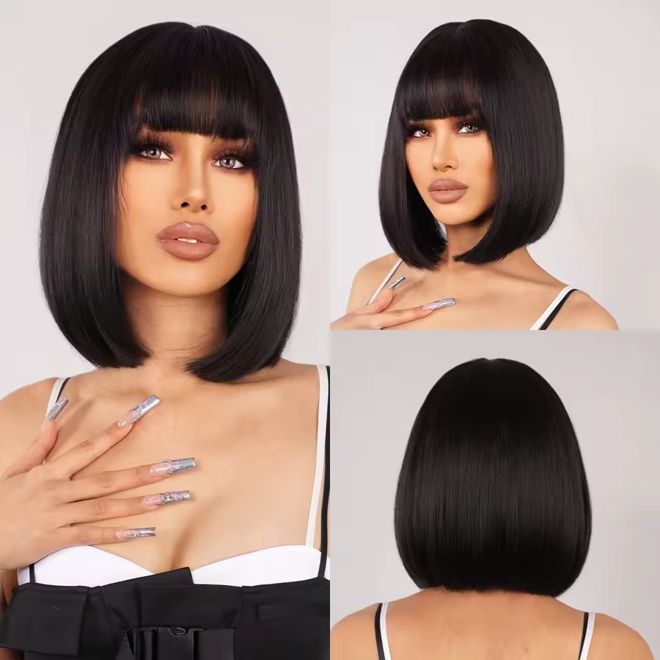2025 Synthetic Fiber Short Bob Wigs for Women Dark Brown Straight Wig with Bangs Daily Party Hair Heat Resistant