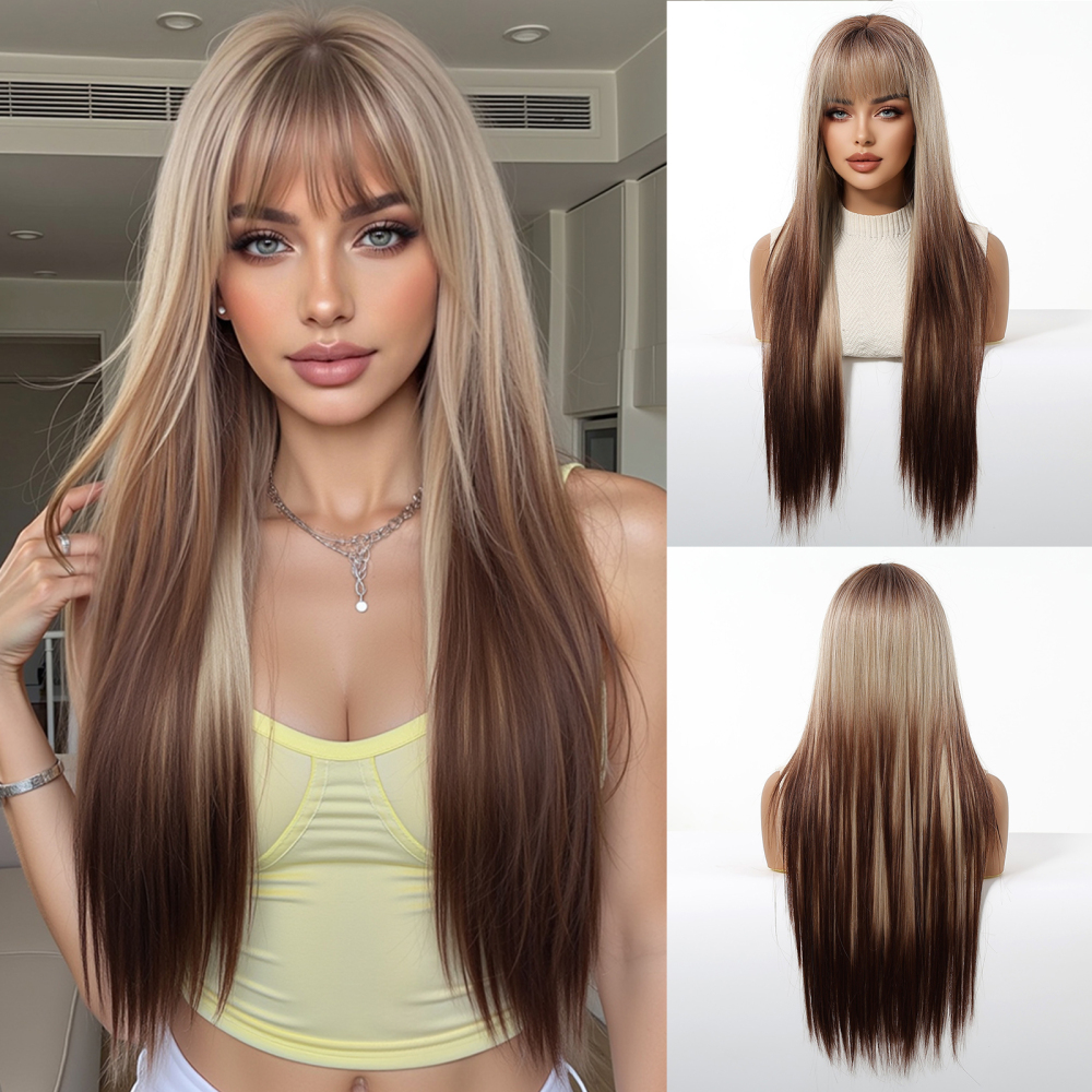 2025 New Long Straight Synthetic Wigs for Women  Ash Brown Natural Hair Wigs With Bangs Daily Use Cosplay Heat Resistant Wigs